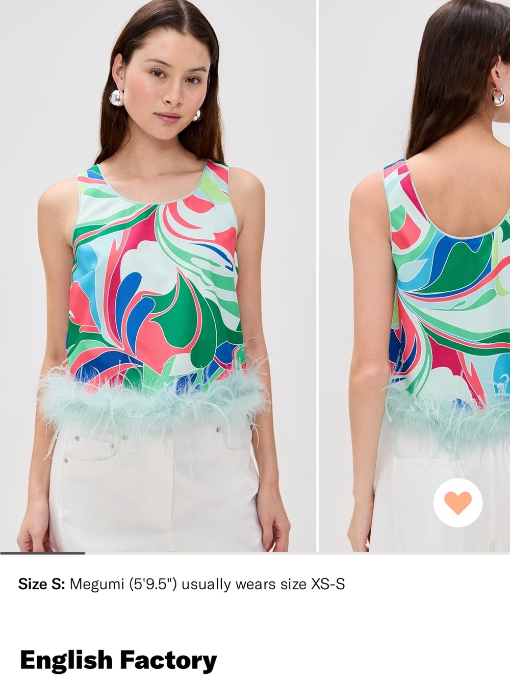 English Factory Sleeveless Feather Trim Top XS — Abstract Print, NWT